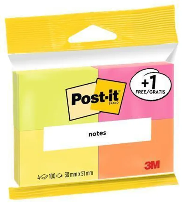 Hlavný obrázok produktu Samolepicí bloček, 38x51 mm, 100 listů, 3M POSTIT, neon
