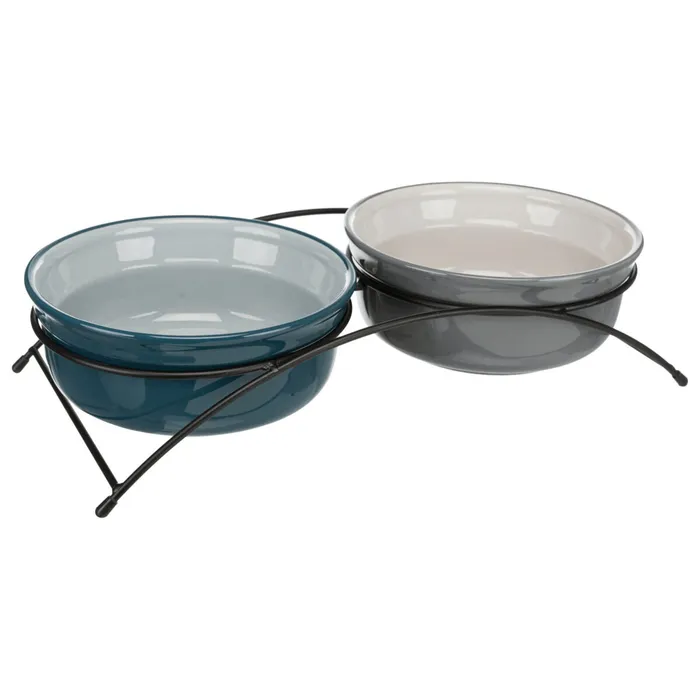 Hlavný obrázok produktu Set keramických misek v kovovém stojánku, 2 × 0.25 l/o 13 cm, petrolejová/šedá