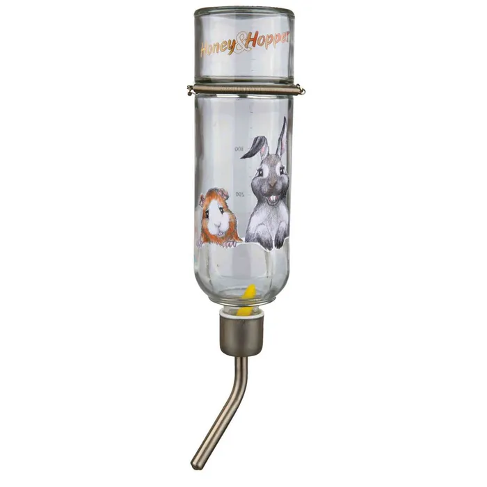 Hlavný obrázok produktu Skleněná napáječka Honey & Hopper s kovovým pítkem pro činčily a králíky 500 ml