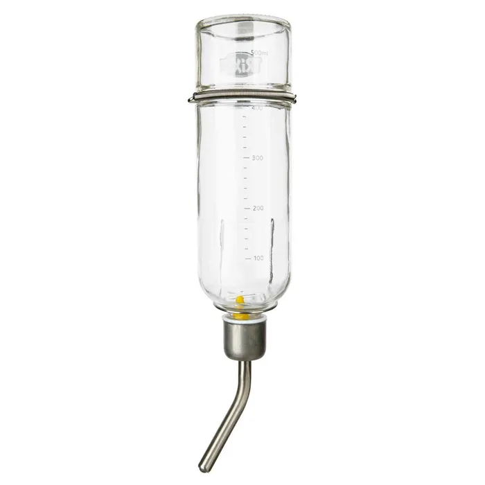 Hlavný obrázok produktu Skleněná napáječka s kovovým pítkem pro činčily a králíky 500 ml