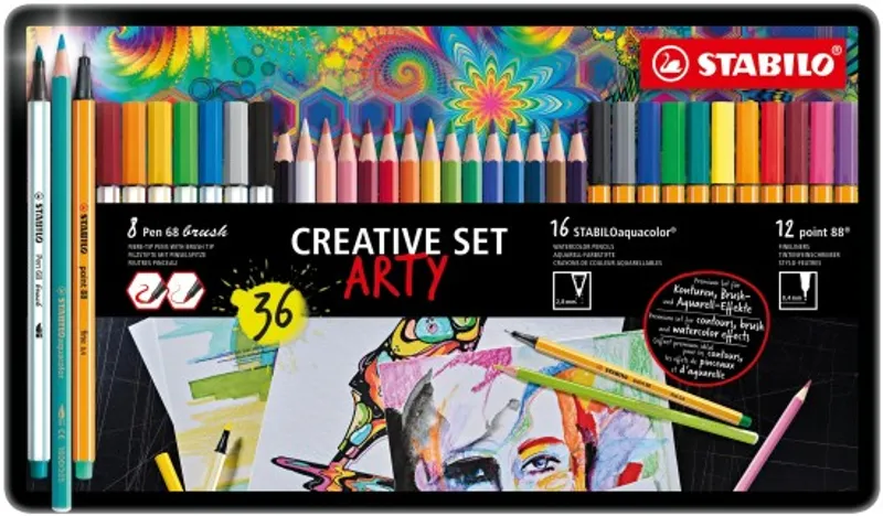 Hlavný obrázok produktu STABILOaquacolor/pen 68 brush/point 88, 36 ks Sada v plechu "ARTY"