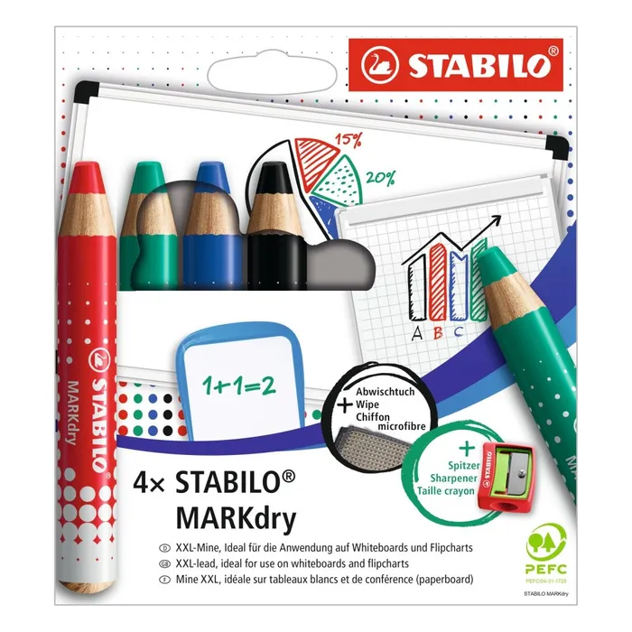 Hlavný obrázok produktu Suchý popisovač na tabuli a flipchart STABILO MARKdry - 4 ks sada s ořezávátkem a hadříkem