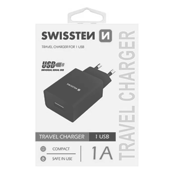 Hlavný obrázok produktu SWISSTEN, Síťový adaptér, 100-240V, 5V, 1000mA, nabíjení mobilních telefonů aj., černý