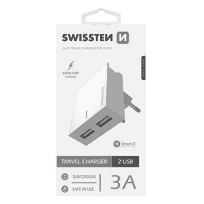 Hlavný obrázok produktu SWISSTEN, Síťový adaptér, 100-240V, 5V, 3000mA, nabíjení mobilních telefonů aj., bílý