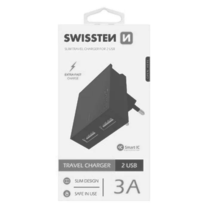 Hlavný obrázok produktu SWISSTEN, Síťový adaptér, 100-240V, 5V, 3000mA, nabíjení mobilních telefonů aj., černý