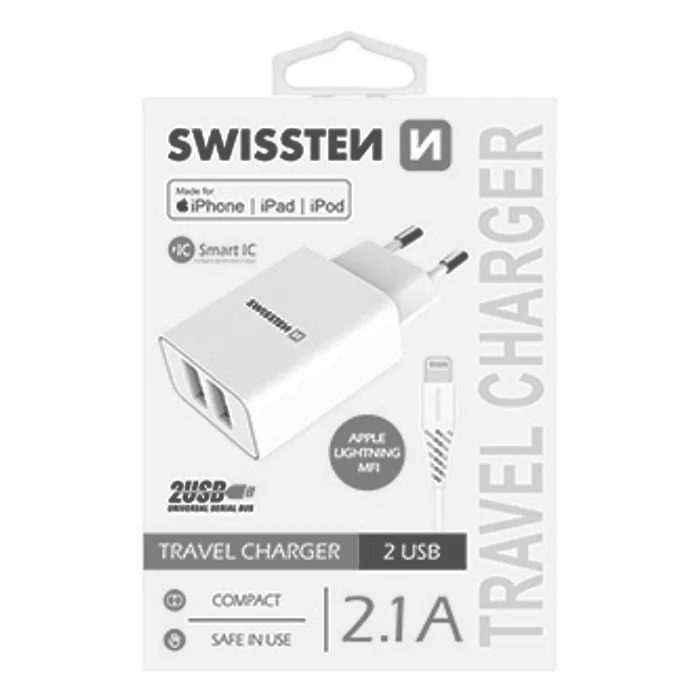 Hlavný obrázok produktu SWISSTEN, Síťový adaptér, s Lightning kabelem (MFi certifikace), 100-240V, 5V, 2100mA, na
