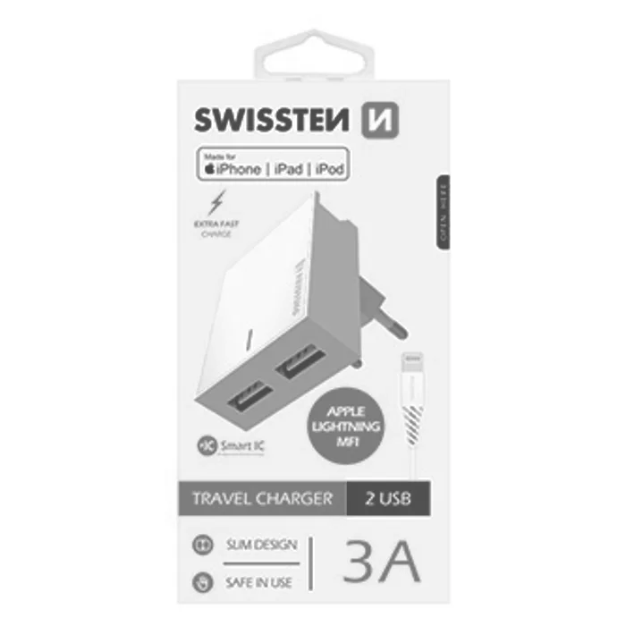 Hlavný obrázok produktu SWISSTEN, Síťový adaptér, s Lightning kabelem (MFi certifikace), 100-240V, 5V, 3000mA, na