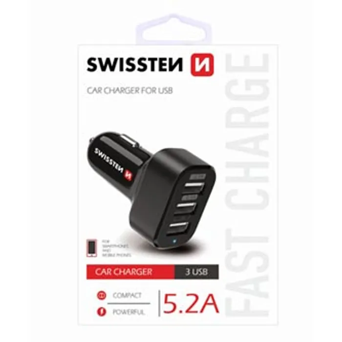 Hlavný obrázok produktu SWISSTEN, USB auto nabíječka, 3x USB port, 12V, 5V, 5200mA, nabíjení mobilních telefonů a