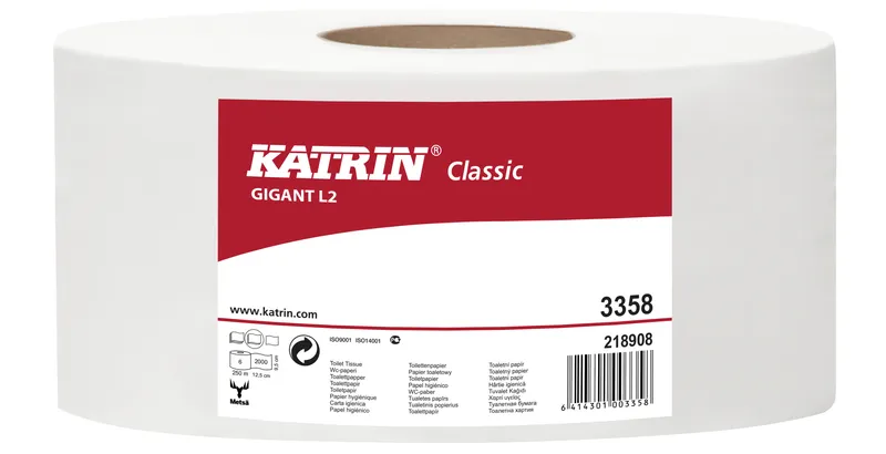 Hlavný obrázok produktu Toaletní papír JUMBO Katrin Classic Gigant L2 2-vrstvý 28 cm 250 m bílý [1 ks]