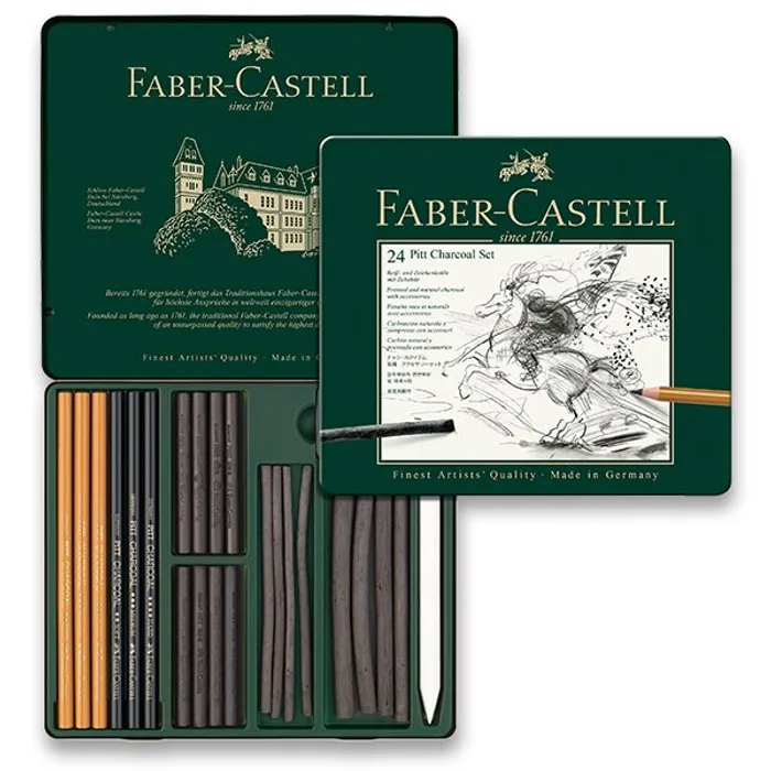Hlavný obrázok produktu Uhel Pitt Monochrome Charcoal specialní sada, plech. krabička 24ks Faber Castell 112978