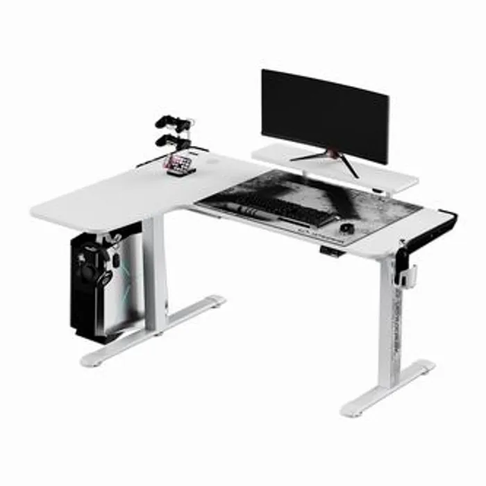 Hlavný obrázok produktu ULTRADESK Herní stůl WINGER - bílý, 111x155x60 cm, 75-122 cm, elektricky nastavitelná výš