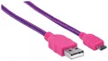 USB - micro USB kábel, 1 m, ovinutý, fialovo-ružová, MANHATTAN