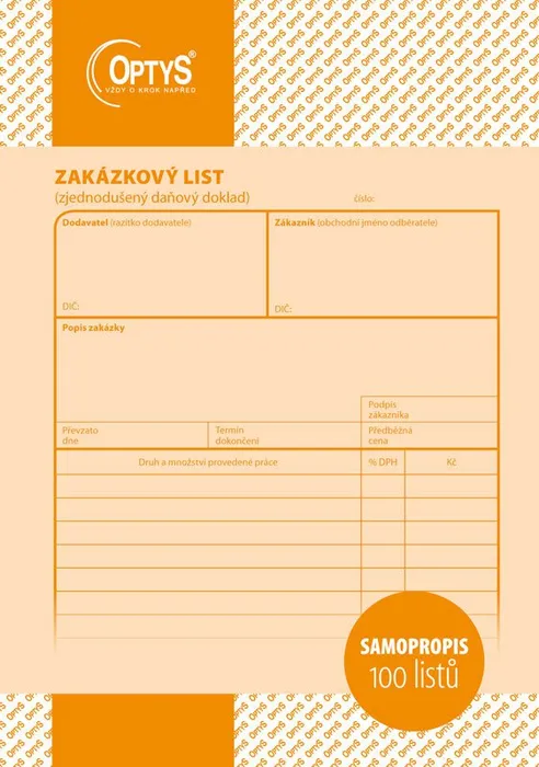 Hlavný obrázok produktu Zakázkový list A5, samopropisovací, 100 listů 1085