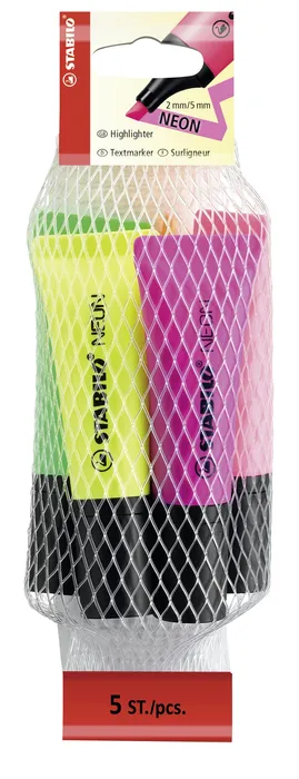 Hlavný obrázok produktu Zvýrazňovač STABILO NEON - 5 ks sada - žlutá, zelená, oranžová, růžová, magenta