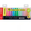 Zvýrazňovače STABILO BOSS ORIGINAL 15 ks (9 neonových + 6 pastelových) – stolný stojan