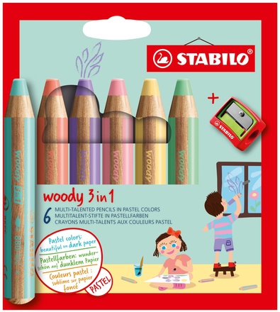 Papírenské zboží - Pastelka, vodovka & voskovka v jednom STABILO woody 3 in 1 PASTEL - 6 ks s ořezávátkem