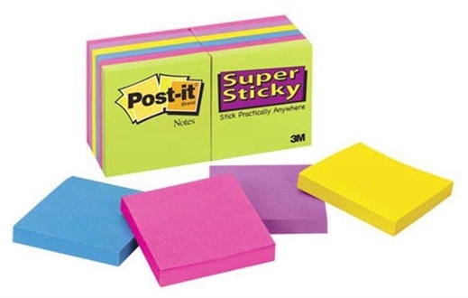 Papírenské zboží - Samolepící bloček, 76x76 mm, 100 lístků, 3M POSTIT "Super Sticky", mix barev