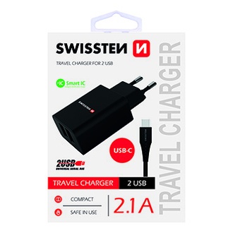 Papírenské zboží - SWISSTEN, Síťový adaptér, s USB-C kabelem, 100-240V, 5V, 2100mA, nabíjení mobilních telef
