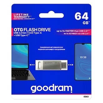 Papírenské zboží - Goodram USB flash disk, USB 3.0 (3.2 Gen 1), 64GB, ODA3, stříbrný, ODA3-0640S0R11, USB A