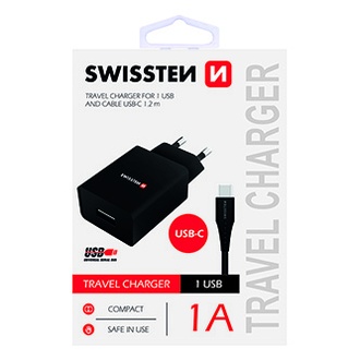 Papírenské zboží - SWISSTEN, Síťový adaptér, s USB-C kabelem, 100-240V, 5V, 1000mA, nabíjení mobilních telef