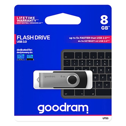 Papírenské zboží - Goodram USB flash disk, USB 3.0 (3.2 Gen 1), 8GB, UTS3, černý, UTS3-0080K0R11, USB A, s o
