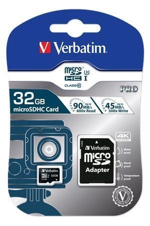 Papírenské zboží - Paměťová karta, microSDHC, 32GB, Class 10 UHS I, s adaptérem, VERBATIM "PRO"