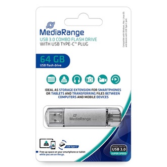 Papírenské zboží - MediaRange USB flash disk, USB 3.0 (3.2 Gen 1), 64GB, stříbrný, MR937, USB A / USB C, s k