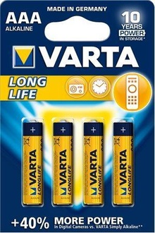 Papírenské zboží - Baterie, AAA (mikrotužková), 4 ks v balení, VARTA  "Longlife Extra"