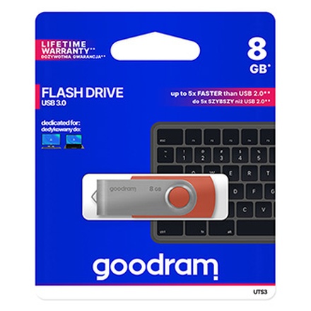 Papírenské zboží - Goodram USB flash disk, USB 3.0 (3.2 Gen 1), 8GB, UTS3, červený, UTS3-0080R0R11, USB A, s