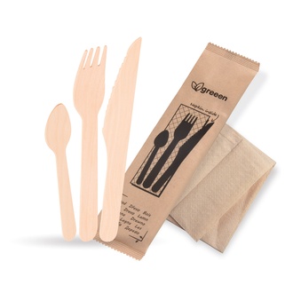 Papírenské zboží - Příborová sada (dřevo FSC 100%) nůž-vidlička-lžička+ubrousek [50 sad]
