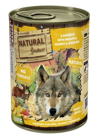 Papírenské zboží - Natural Greatness klokan, ananas, mango, spirulina - EXOTIC  konzerva pro psy 400 g