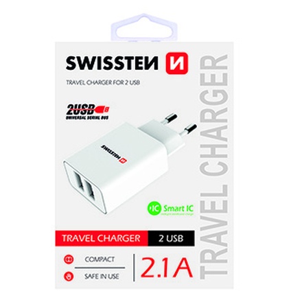 Papírenské zboží - SWISSTEN, Síťový adaptér, 100-240V, 5V, 2100mA, nabíjení mobilních telefonů aj., bílý