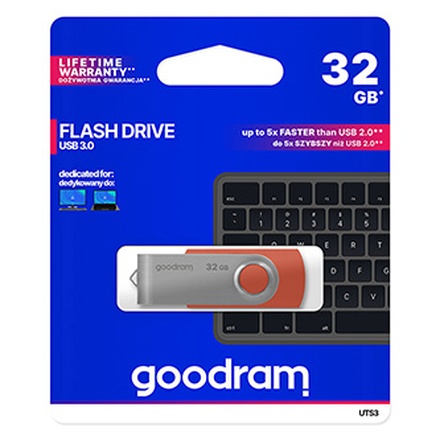 Papírenské zboží - Goodram USB flash disk, USB 3.0 (3.2 Gen 1), 32GB, UTS3, červený, UTS3-0320R0R11, USB A,