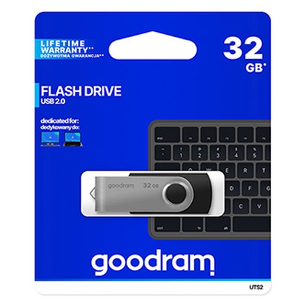 Papírenské zboží - Goodram USB flash disk, USB 2.0, 32GB, UTS2, černý, UTS2-0320K0R11, USB A, s otočnou kryt