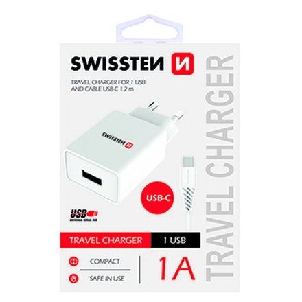 Papírenské zboží - SWISSTEN, Síťový adaptér, s USB-C kabelem, 100-240V, 5V, 1000mA, nabíjení mobilních telef