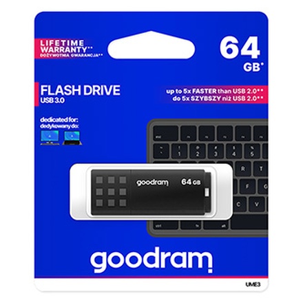Papírenské zboží - Goodram USB flash disk, USB 3.0 (3.2 Gen 1), 64GB, UME3, černý, UME3-0640K0R11, USB A, s