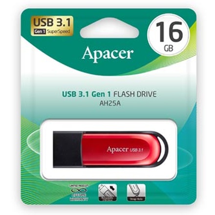 Papírenské zboží - Apacer USB flash disk, USB 3.0 (3.2 Gen 1), 16GB, AH25A, červený, AP16GAH25AB-1, USB A, s