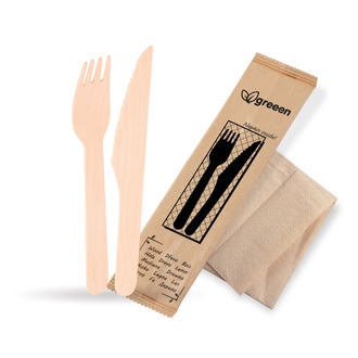 Papírenské zboží - Příborová sada (dřevo FSC 100%) nůž-vidlička+ubrousek [50 sad]