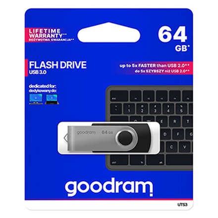 Papírenské zboží - Goodram USB flash disk, USB 3.0 (3.2 Gen 1), 64GB, UTS3, černý, UTS3-0640K0R11, USB A, s